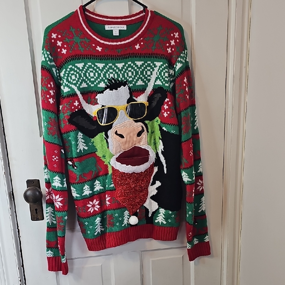 Holiday Cow Sweater with Sunglasses